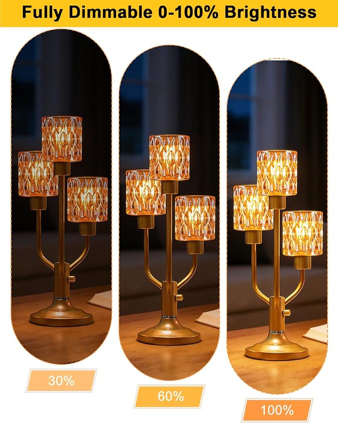 Lightdot Mid Century Modern Table Lamp for Bedroom Dimmable Nightstand Lamp Vintage Gold Desk Lamp Amber Glass 3 Bulbs Included Warmwhite Ambient Bedside Lamps for Living Room Home Office Decor Gift