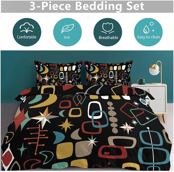 Modern Geometric Comforter Set,Retro Mid Century Colorful Diamond Abstract Geometric Vintage 60s 70s Pattern Bedding Set with Pillowcase for Bedroom Bed Decor,King 102"x90"