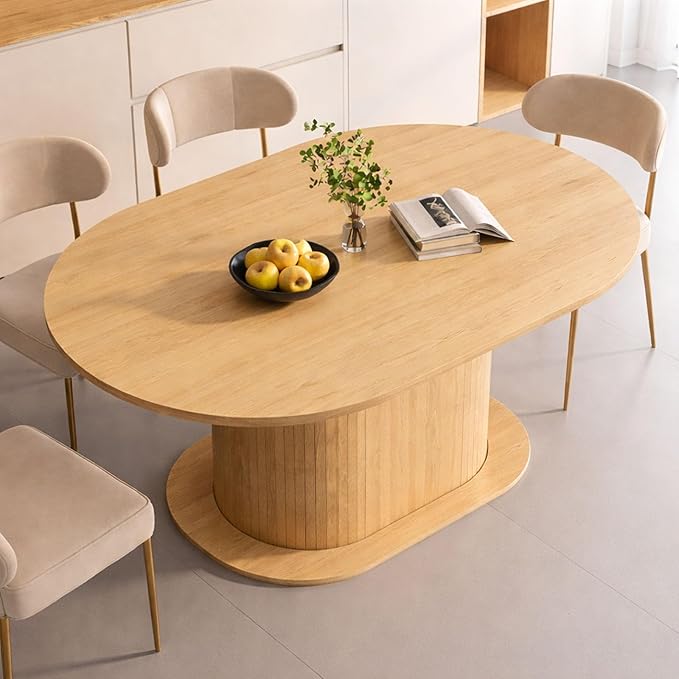 39.37"-55.12" Round Extendable Dining Table, Oval Kitchen Table with Fluted Metal Slide Door, Space-Saving Expandable Dining Table for Small Apartment & Family Use, Natural