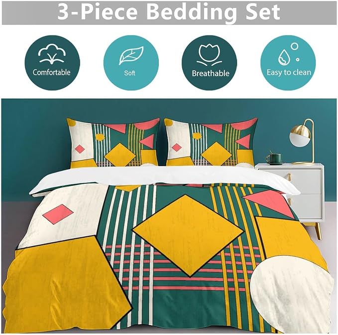Colorful Aesthetic Comforter Cover Geometry Bed Set, Retro Atomic Duvet Cover，Modern Mid Century Bedding Sets，Aesthetic Abstract Art Bedding 3 Piece (1 Duvet Cover 90"x90" + 2 Pillow Sham 20"x30")