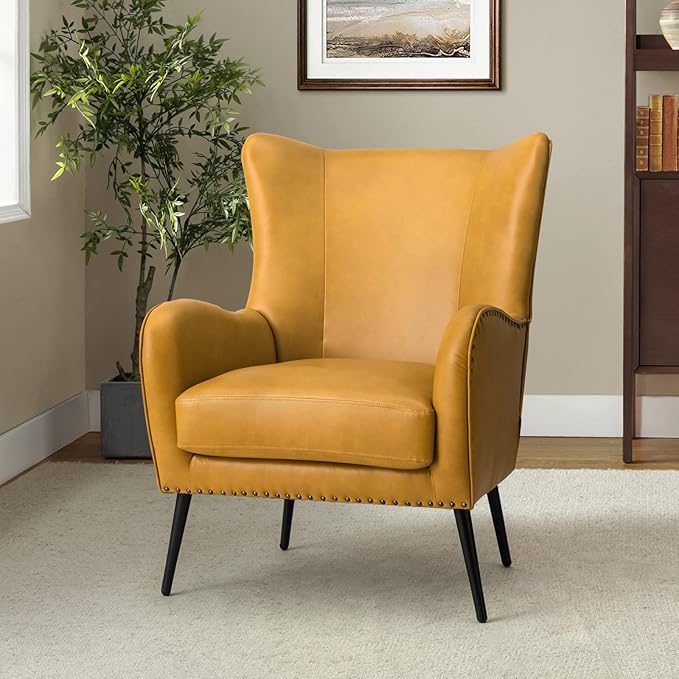 HULALA HOME Faux Leather Accent Chair with Removable Cushion, Comfy Upholstered Armchair with Black Metal Legs & Nailhead Trim Wingback Vanity Chair for Reading Living Room Bedroom, Yellow