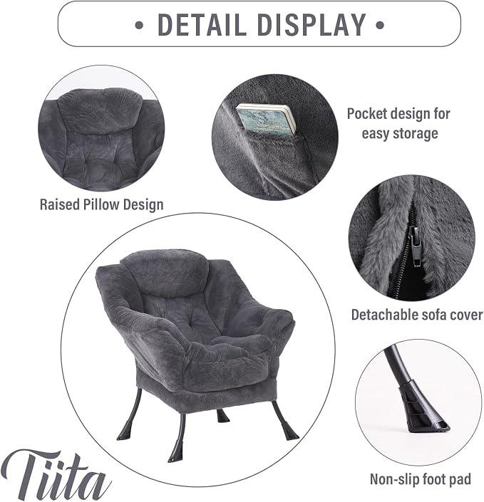 Tiita Lazy Chair with Ottoman, Modern Large Accent Lounge Chair, Leisure Sofa Armchair with Ottoman, Reading Chair with Footrest for Bedroom, Living Room, Dorm Rooms, Garden, Plush-dark Grey