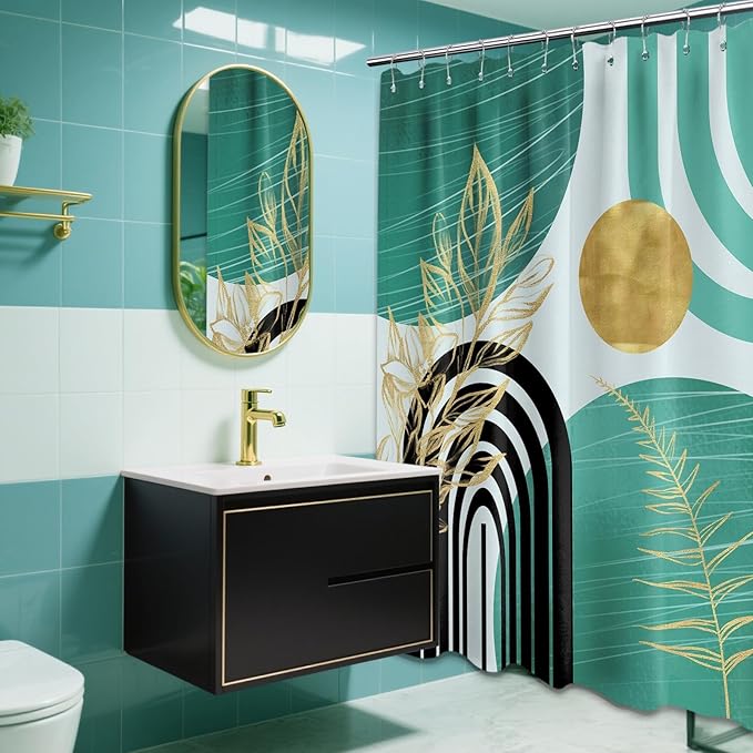 Teal Blue and Gold Shower Curtain Boho Mid Century Turquoise and Aqua and Black Shower Curtains for Bathroom Decor, Waterproof Cloth Fabric with Hooks, 70" W x 72" L