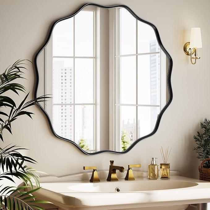 Round Wavy Mirror - 24 Inch Bathroom Vanity Mirror Metal Frame Circle Wall Mounted Mirror for Bedroom Living Room Entryway, Black