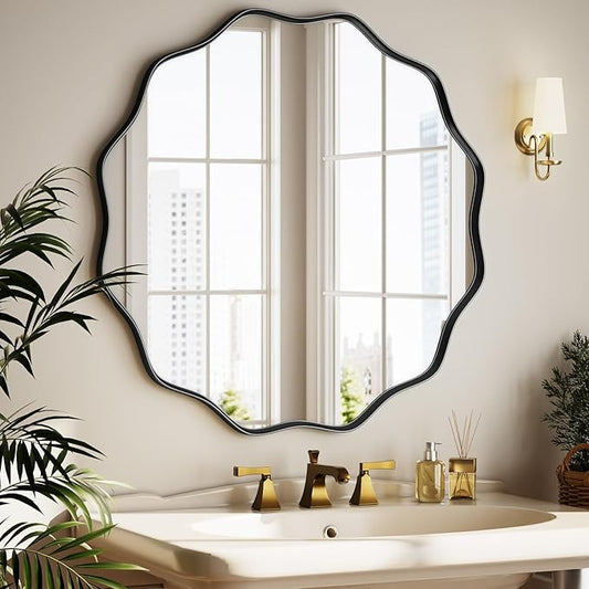 Round Wavy Mirror - 24 Inch Bathroom Vanity Mirror Metal Frame Circle Wall Mounted Mirror for Bedroom Living Room Entryway, Black