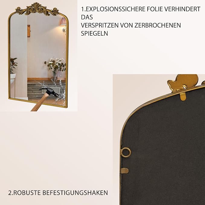 Gold Baroque Mirror Antique 24x35Inches - Vintage Arched Mirror with Ornate Gold Frame for Entryway, Narrow Hallway & Bathroom Wall Decor