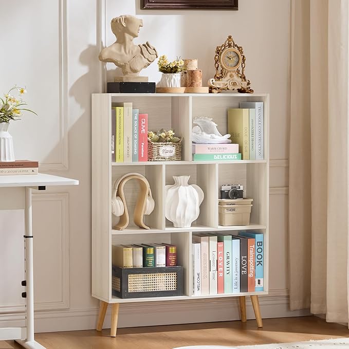 LEYAOYAO Cube Bookshelf 3 Tier Mid-Century Light Grey White Modern Bookcase with Legs,Retro Wood Bookshelves Storage Organizer Shelf,Freestanding Open Book Shelves for Bedroom,Living Room,Office