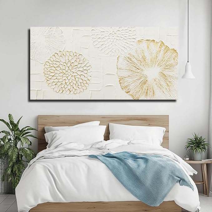 VAYIMDH White Wall Art Floral Paintings Hand Drawn Wall Decor Gold Arts Pictures 29"x58" Artwork for Living Room Dinning Room