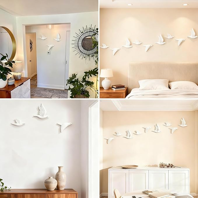 SHENGTIAN 3 Piece 3D Bird Wall Hanging - Wall Decor Flying Birds Wall Sculptures, Resin Relief Art Work for Home Wall Decor, Small Unique Wall Art with Adhesive (White)