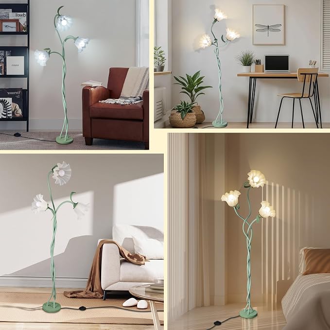 Flower Standing Lamp for Bedroom, Cute Corner Floor Lamp with Flexible Gooseneck,3 Light Floor Reading Lamp with 3 Color Temperatures, Bulbs Included, LED Tall floor Lamp for Living Room Corner(Green)