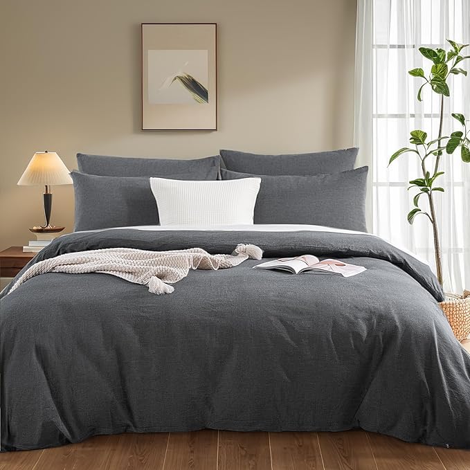 NEXHOME PRO Duvet Cover Twin 100% Washed Cotton, Heathered Black Breathable, Durable, Textured, Linen Like, Home Bedding Set 68"x90"