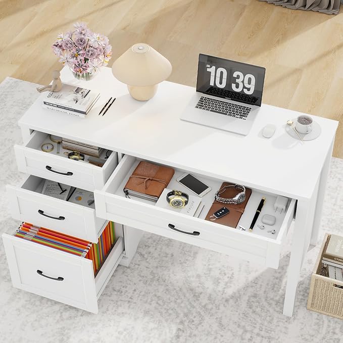 Farmhouse 47" Executive Desk with File Drawer, Wood Computer Desk with 3 Storage Drawers, Workstation for Home Office, Study, Writing（White