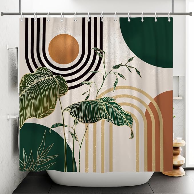 Boho Shower Curtain Green Shower Curtains for Bathroom Modern Shower Curtain Sets Bohemian Geometric Abstract Mid Century Tropical Bathroom Curtain Extra Long 72x72 in with 12 Hooks