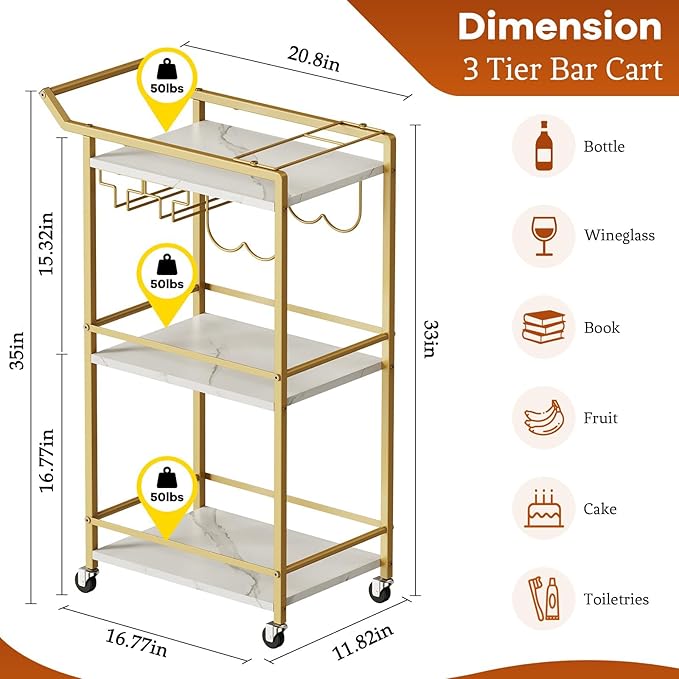 LOTEYIKE 3 Tier Bar Cart, Mini Liquor Utility Cart for Wine Beverage Dinner Party, Rolling Wine Coffee Drink Serving Cart with Lockable Wheels for Home Kitchen Bars (Gold)