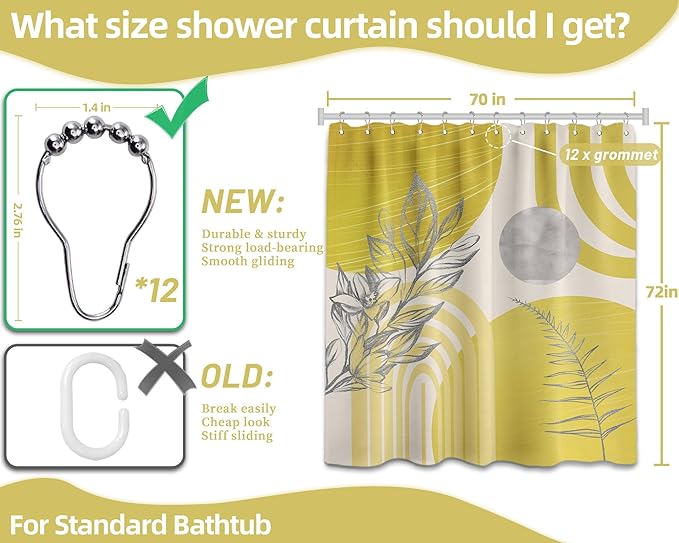 Mustard Yellow Shower Curtain Boho Mid Century Light Yellow and Grey White Shower Curtains for Bathroom Decor, Waterproof Cloth Fabric with Hooks, 70" W x 72" L