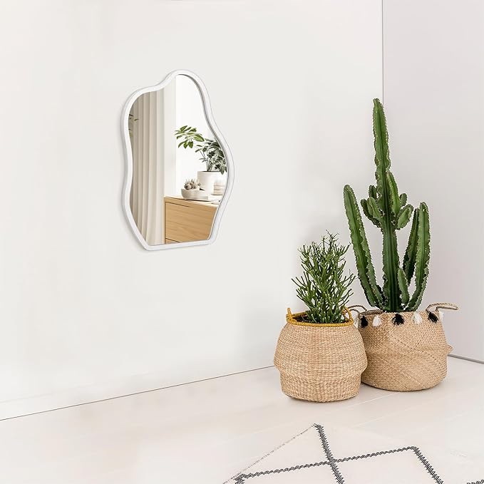 Irregular Cloud Mirror Modern Wood Frame Wall Mirrors Unique Shape Asymmetrical Wall Vanity Artistic Decor for Bedroom Bathroom Entryway Hallway Living Room Small White