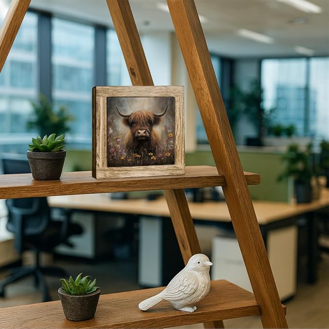 Highland Cow Wildflower Wooden Desktop Sign, Rustic Farmhouse Cow Wood Plaque Tabletop Decor, Country Floral Cattle Wooden Sign for Home Office Shelf