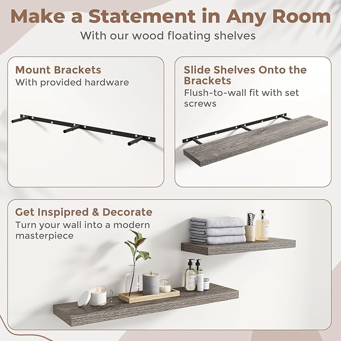 55 Inch Floating Shelves for Wall Set of 2, 8"D Wood Grain Bathroom Shelves with Invisible Brackets, Easy Install Engineered Wood Storage Shelves for Kitchen, Living Room, Bedroom, Grey Oak Finish