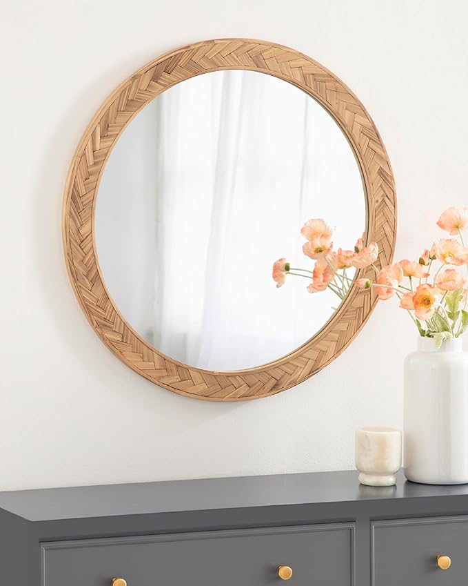 Kate and Laurel Braywood Modern Pieced Wood Round Mirror, 24 Inch Diameter, Rustic Brown, Decorative Circle Mirror for Use as Coastal Bathroom Mirror for Over Sink or Accent Bedroom Mirror
