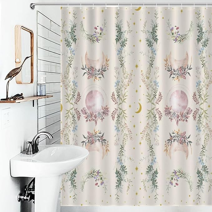 Moon Phase Flowers Shower Curtain Moonlit Herb Wildflower Witchy Celestial Flower Botanical Waterproof Shower Curtains for Bathroom Decor 12 Pack Hooks 55x72in（140x183cm）