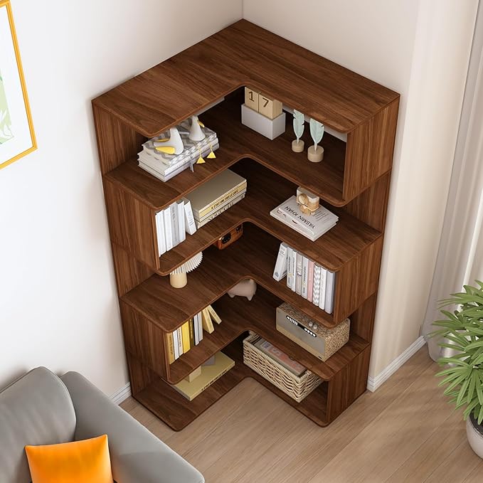 IOTXY 6-Tier L-Shaped Corner Bookshelf - 66" Tall Wooden Freestanding Bookcase with Open Shelf Units, Oak