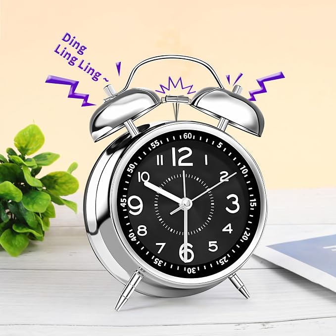pxy Loud Alarm Clock for Heavy Sleepers 3D Dial Battery Operated (Battery Include), 4" Super Silent Analog Alarm Clock for Kids with Night Light PT260 Silver OrangePT260 Silver White
