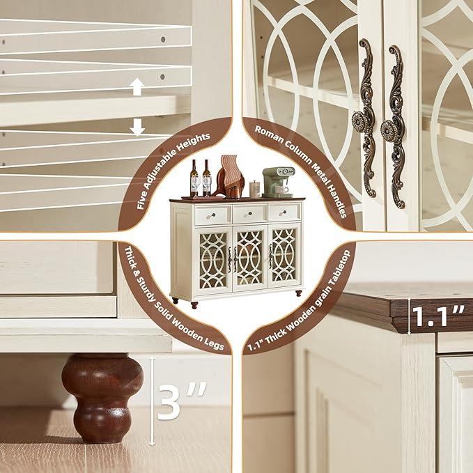 Large Sideboard Buffet Cabinet with Storage,48" Credenza with 3 Glass Doors & 3 Drawers,Adjustable Shelves Coffee Bar,Wood Kitchen Console Table for Dining Room,Living Room,White