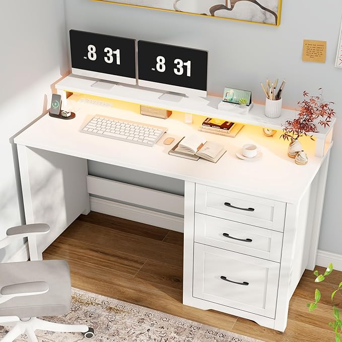 Vabches 47" Farmhouse Executive Desk with Monitor Stand & File Cabinet,3 Drawers Computer Desk with LED Lights and Power Outlets,Workstation for Home Office, Study,Writing.（White）