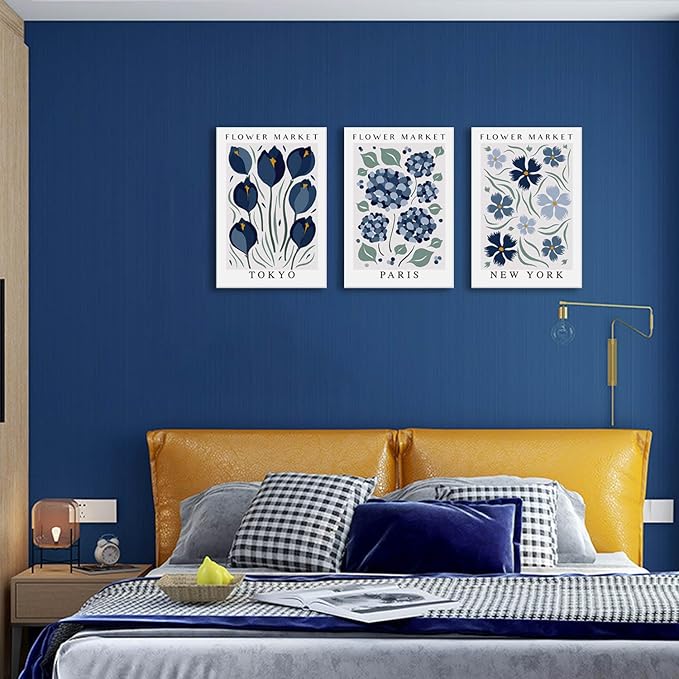 BingruiArt Flower Market Wall Art Navy Blue Canvas Boho Floral Wall Decor Modern Retro Botanical Posters Prints Pictures for Livingroom Batroom Bedroom Dorm Room 3Pcs 16"x24" Framed