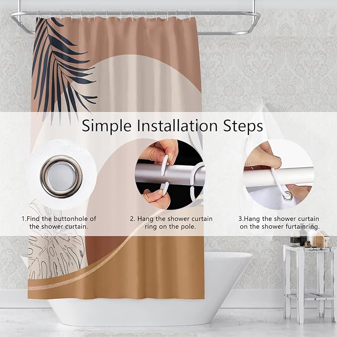Abstract Mid Century Boho Bathroom Shower Curtain - Orange Sun Eucalyptus Leaves With Hooks, Waterproof Fabric Polyester for Aesthetics Home Decor, 65x72 Inch