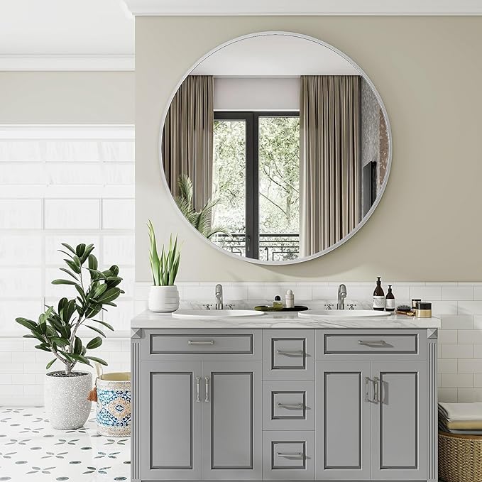 VooBang Large Silver Round Bathroom Mirror, 48 inch Circle Wall Mounted Hanging Mirror with Simple Modern Circular Metal Frame for Hallway, Entryway, Living Room, Silver Frame