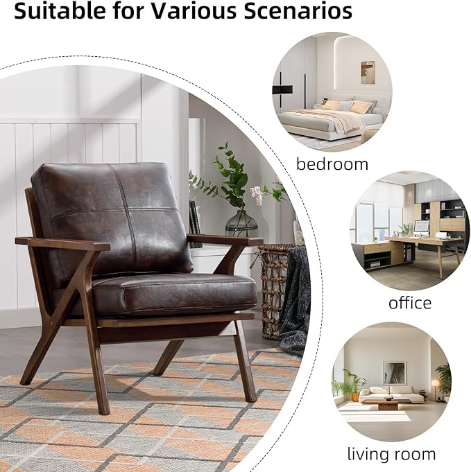 INZOY Mid-Century Modern Accent Chair with Wood Frame, PU Leather Living Room Chair and Soft Thick Padded Armchair for Living Room Bedroom Reception with Removable Upholstered Cushions, Brown