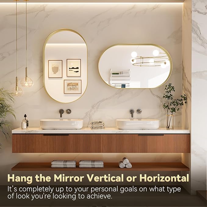 Brightify Gold Oval Mirror 24x40 Inch, Bathroom Vanity Mirrors Gold Metal Framed, Modern Decorative Mirror for Wall Bedroom Living Room Hang Vertical and Horizontal