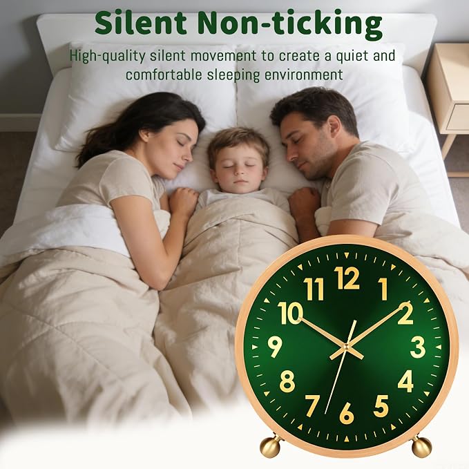 Maxspace Wooden Table Clock,8in Silent Non-Ticking Desk Clockwith Gold Ball Base, Battery Operated Desktop Analog Clock for Living Room Office Bedroom Decor (Green Gold - Log, Copper Ball Base)