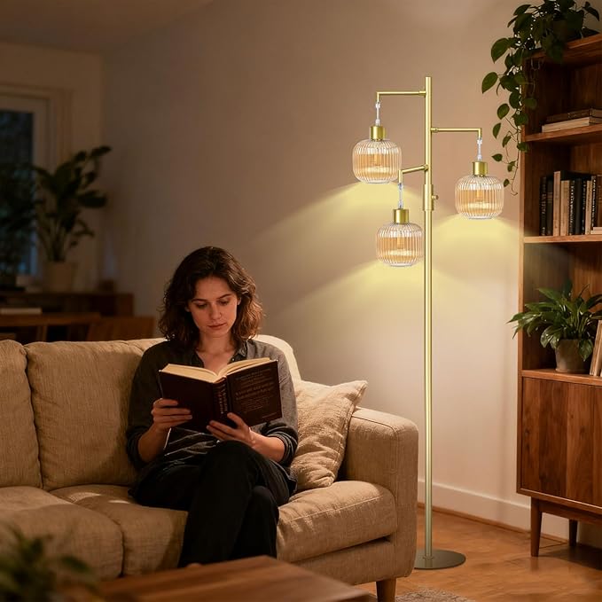 Floor Lamp with Amber Glass Shade, Dimmable Standing Lamp for Living Room, Modern Mid Century 3 Lights Tall Tree Lamp, Rotary Switch, 3 x 6W LED Bulbs Included