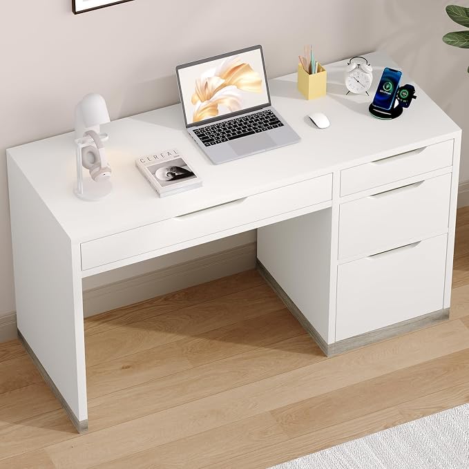 MaverickFurni White Desk with 4 Drawers, 52 Inch Modern Computer Desk with Storage for Bedroom, Home Office Writing Desk for Small Spaces, Minimalist White Writing Desk