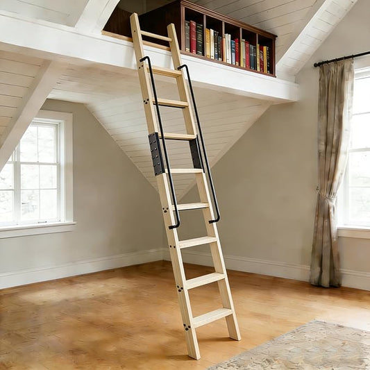 120in Attic Rolling Library Ladder, 10 Step Wooden Ladder with,Loft Ladder Bookshelf,Wall Stairs Red Oak Stair Platform Bunkbed Ladder,for Home Kitchen,Warehouses,Bookstore,DIY Stain