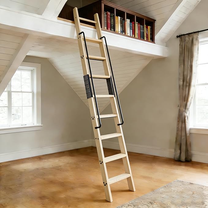 108in Attic Rolling Library Ladder, 9 Step Wooden Ladder with,Loft Ladder Bookshelf,Wall Stairs Red Oak Stair Platform Bunkbed Ladder,for Home Kitchen,Warehouses,Bookstore,DIY Stain