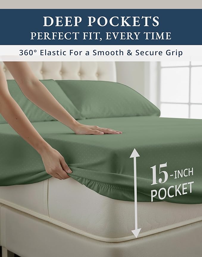 LANE LINEN 100% Egyptian Cotton Queen Sheet Set, Soft & Comfy Thick Fully Elasticized Mercerized Cotton Sheets, No Pill Fade Resistant Elegant Jaquard Swiss Dot - Iceberg Green