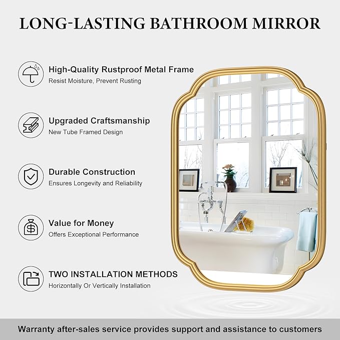 Gold Mirrors for Bathroom, 18" x 24" Rectangular Wall Mirror for Bathroom Metal Frame Farmhouse Rounded Corner Wall Mirror (Horizontal/Vertical)