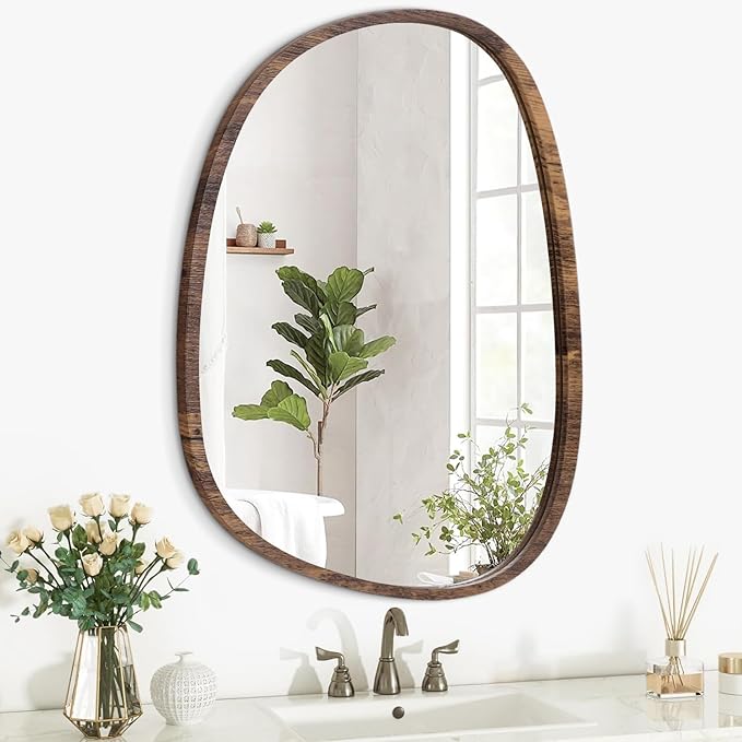 Small Wall Mirror Asymmetrical Irregular Wood Frame Mirror Modern Unique Wall-Mounted Artistic Oval Shape Mirror Decor for Bedroom Living Room Bathroom Vanity Entryway Hallway