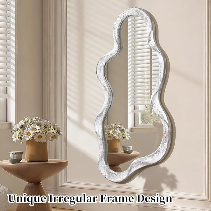 Large Asymmetrical Wall Mirror Irregular Wood Frame Modern Unique Wall-Mounted Artistic Wavy Mirror Decor Bathroom Vanity Bedroom Living Room Entryway Hallway 47" x 22" Natural