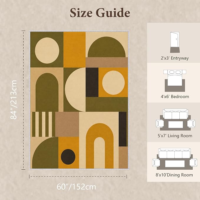 Olive Bauhaus Area Rug 5x7, Mid Century Modern Geometric Rug, Mustard Green Abstract Color Block Washable Low Pile Non Slip Rug for Living Room Bedroom