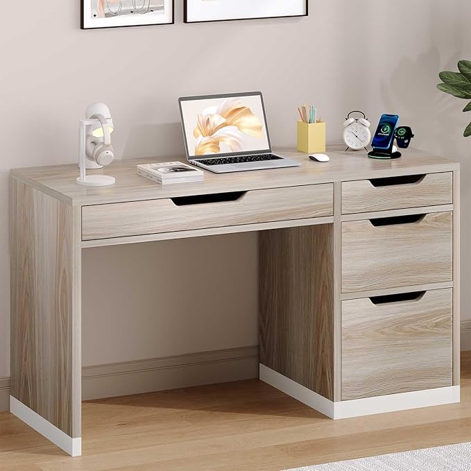 MaverickFurni Small Desk with Drawers, 52 Inch Home Office Desk with Storage for Bedroom, Computer Desk with Filing Drawer for Small Space, Light Walnut