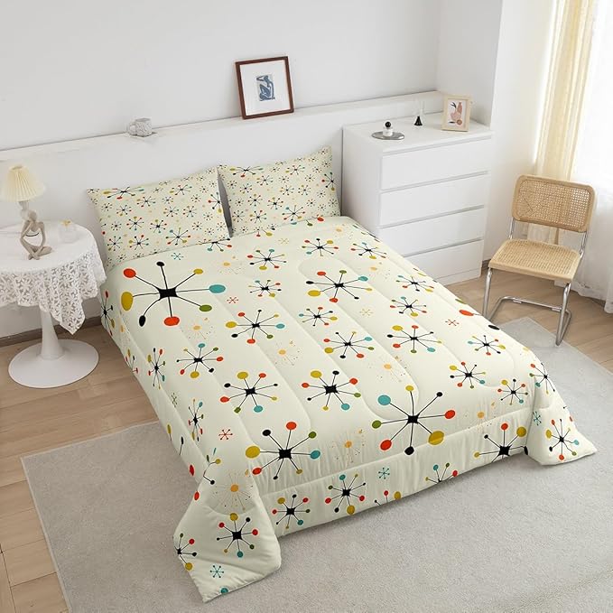 Erosebridal Modern Mid Century Comforter Full Retro Atomic Bedding Set, Rainbow Grid Down Comforter Vintage Fifties 1950s Bed Set, Aesthetic Abstract Art Quilted Duvet Beige 3pcs