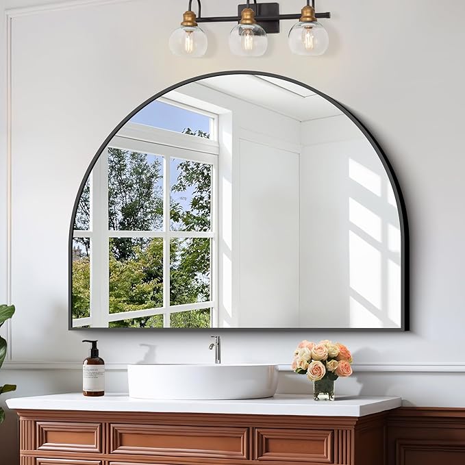 CIRCUMI Arched Wall Mirror, 48"x36" Black Arched Mirror with Tempered Glass, Metal Frame, Large Size for Entryway Table, Mantel,Living Room,Over Sink,Arch Mirror for Decor,Shatterproof&Crystal-Clear
