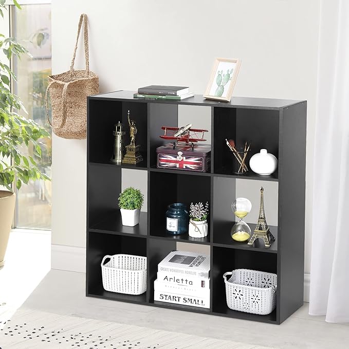 JupiterForce 9 Cube Storage Organizer Wooden Display Shelf W/ 5 Removable Back Panels, Customizable Bookcase Bookshelf for Home, Office, Bedroom and Living Room (Black)