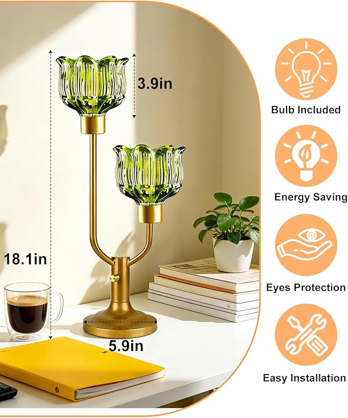 Lightdot Vintage Green Glass Table Lamp for Bedroom Dimmable Mid Century Modern Desk Lamp Gold Flower Nightstand Lamp 2 Bulbs Included Warmwhite Ambient Bedside Lamps for Living Room Home Office Decor