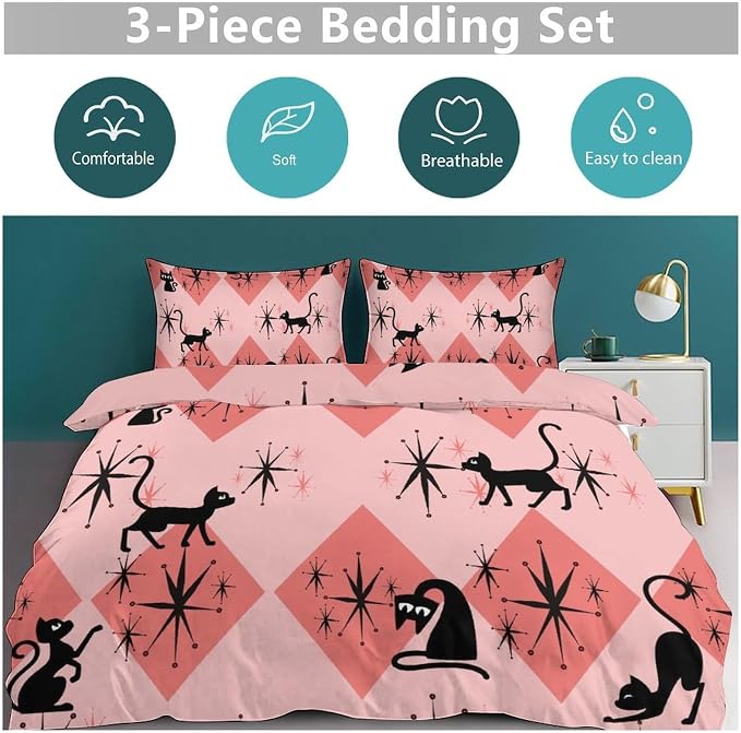 Mid Century Bedding Set,Retro Black Cat 1950s 1960s Abstract Atomic Pink Geometric Pattern Modern Comforter Set with Pillowcase for Bedroom Bed Decor,Queen 90"x90"