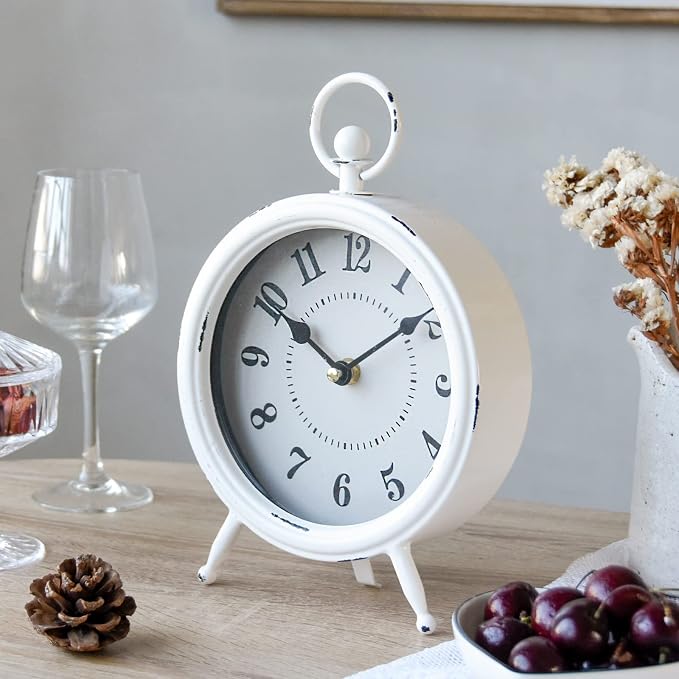 EMAX HOME Vintage Rustic White Table Clock on Stand, Decorative Desk & Shelf Clock, Rustic Mantel Farmhouse Non-Ticking